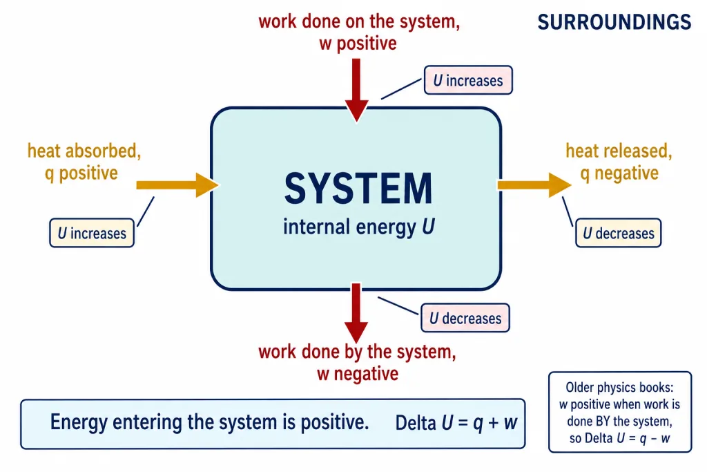 System box with arrows showing positive heat and work entering and negative leaving