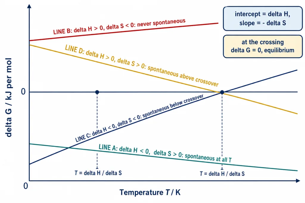 Graph of Delta G against temperature showing four lines crossing the axis