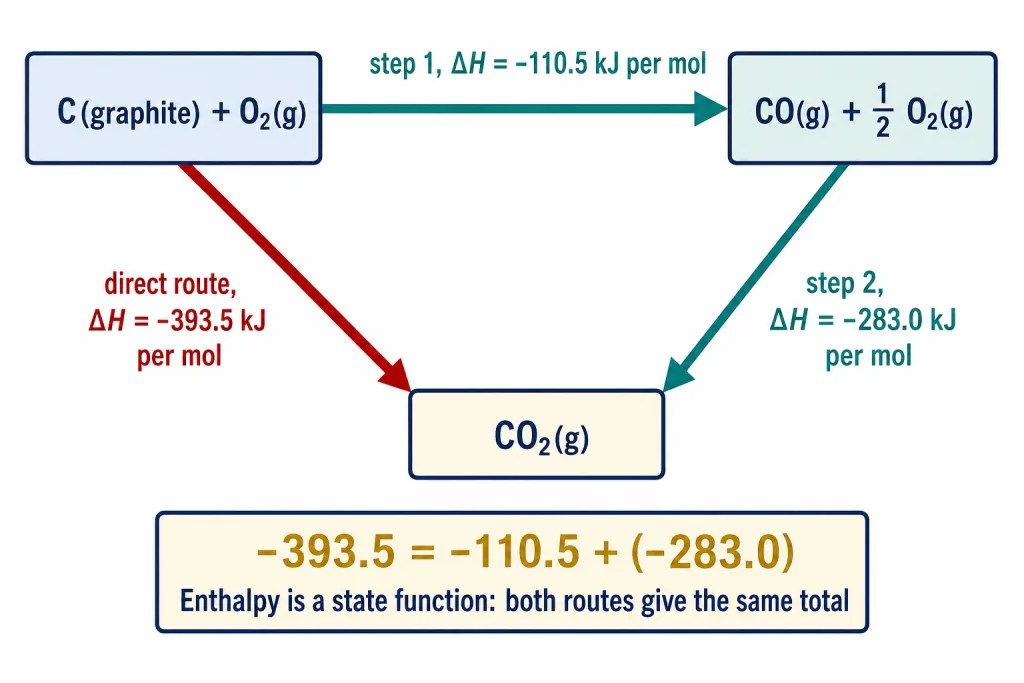 Hess cycle for carbon burning directly to carbon dioxide or through carbon monoxide