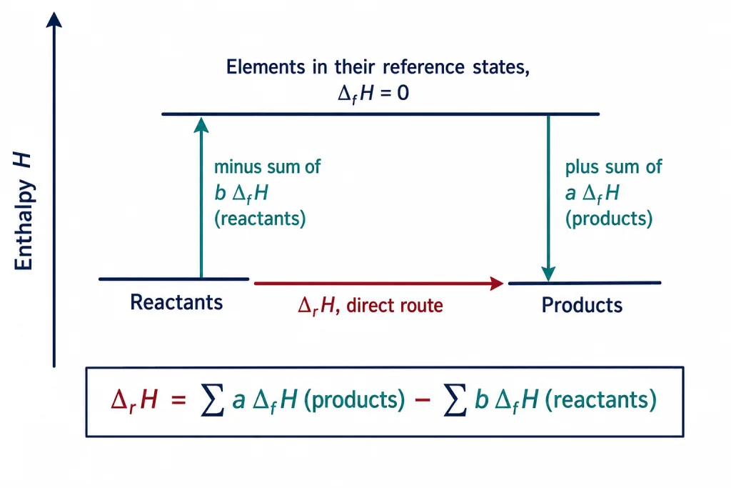 Reactants broken down into elements and rebuilt as products, showing the formation enthalpy route