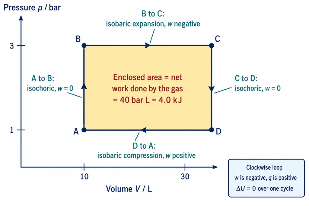 Closed clockwise cycle on a pressure volume diagram with the enclosed area shaded
