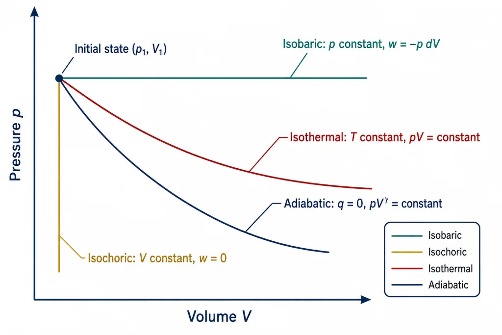 Four processes drawn from one common state on a pressure volume diagram
