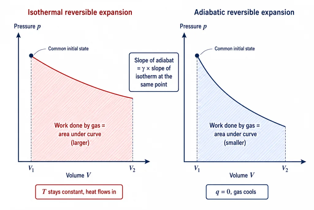 Isotherm and steeper adiabat from a common point with shaded work areas compared