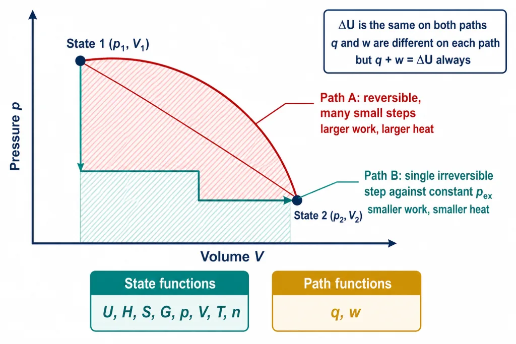 Two paths between the same two states giving equal internal energy change
