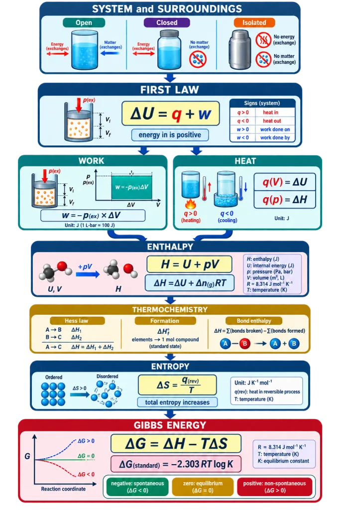 Concept map of thermodynamics from first law to enthalpy entropy and Gibbs energy