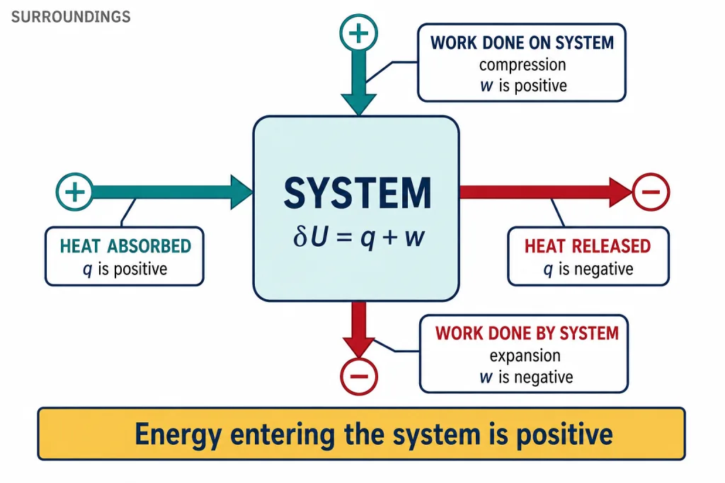 System box with signed arrows for heat and work in and out