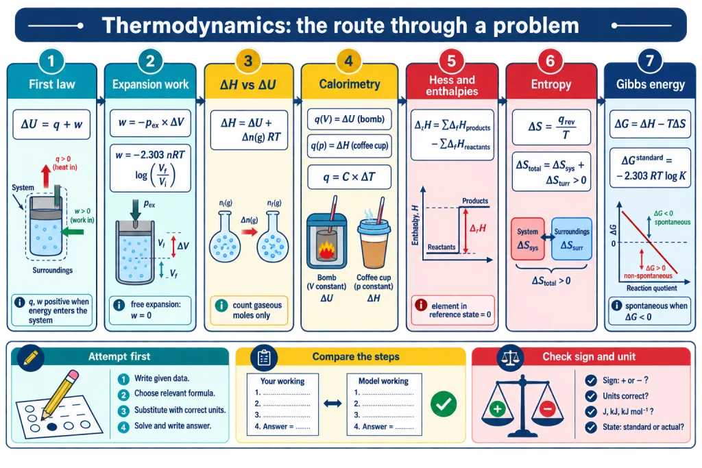 Roadmap card showing the route from first law through enthalpy entropy to Gibbs energy
