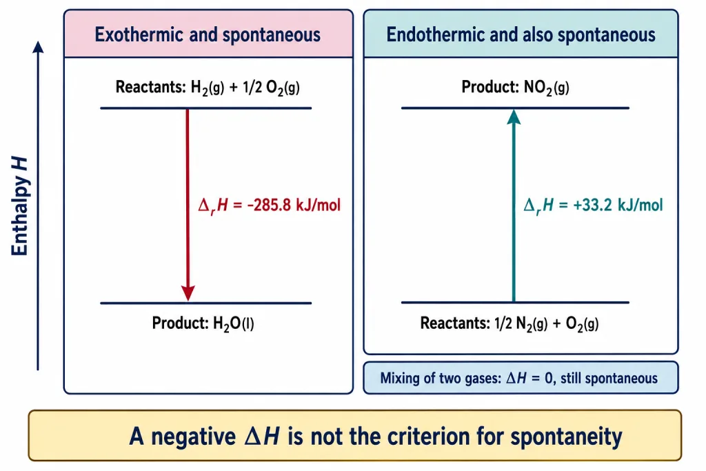 Enthalpy diagrams for a spontaneous exothermic reaction and a spontaneous endothermic reaction