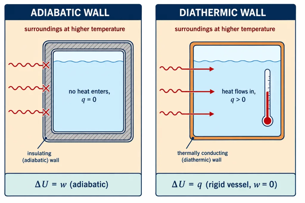 Adiabatic insulated wall blocking heat beside a diathermic copper wall conducting heat
