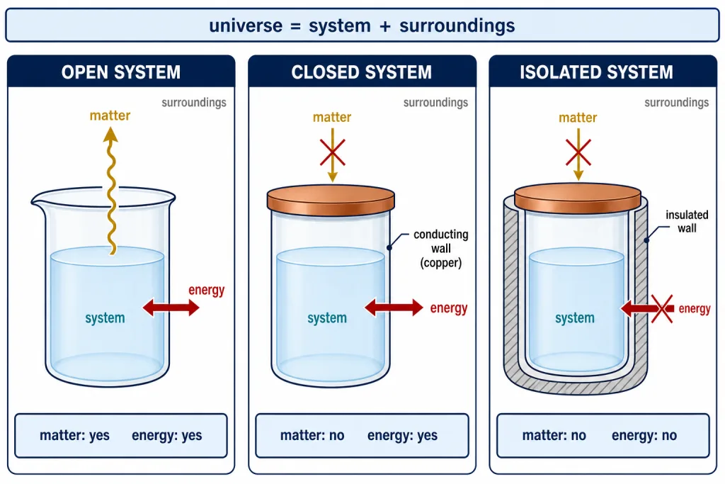 Open closed and isolated systems shown as three vessels with matter and energy arrows