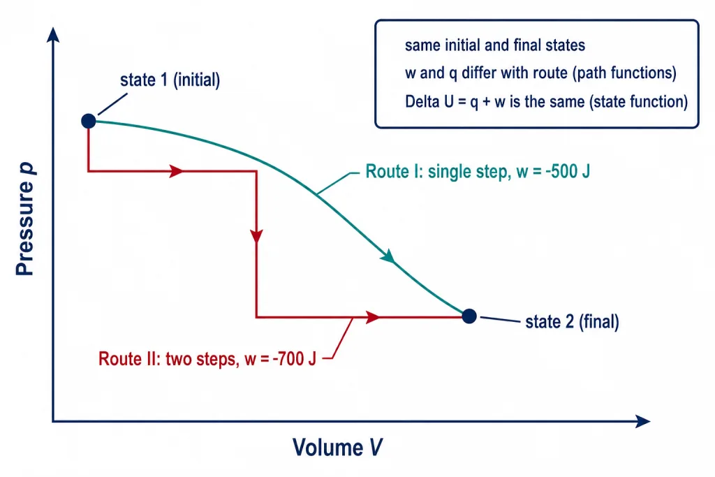 Two paths joining the same initial and final states on a pressure volume graph