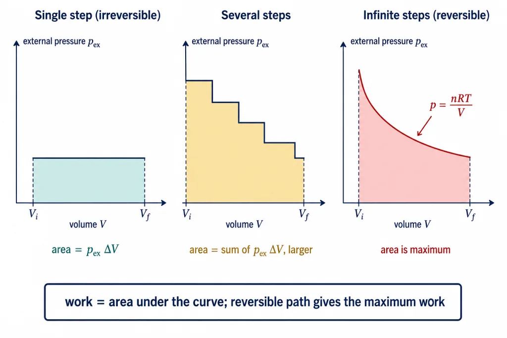 p-V plots for one step, several steps and reversible expansion with shaded areas