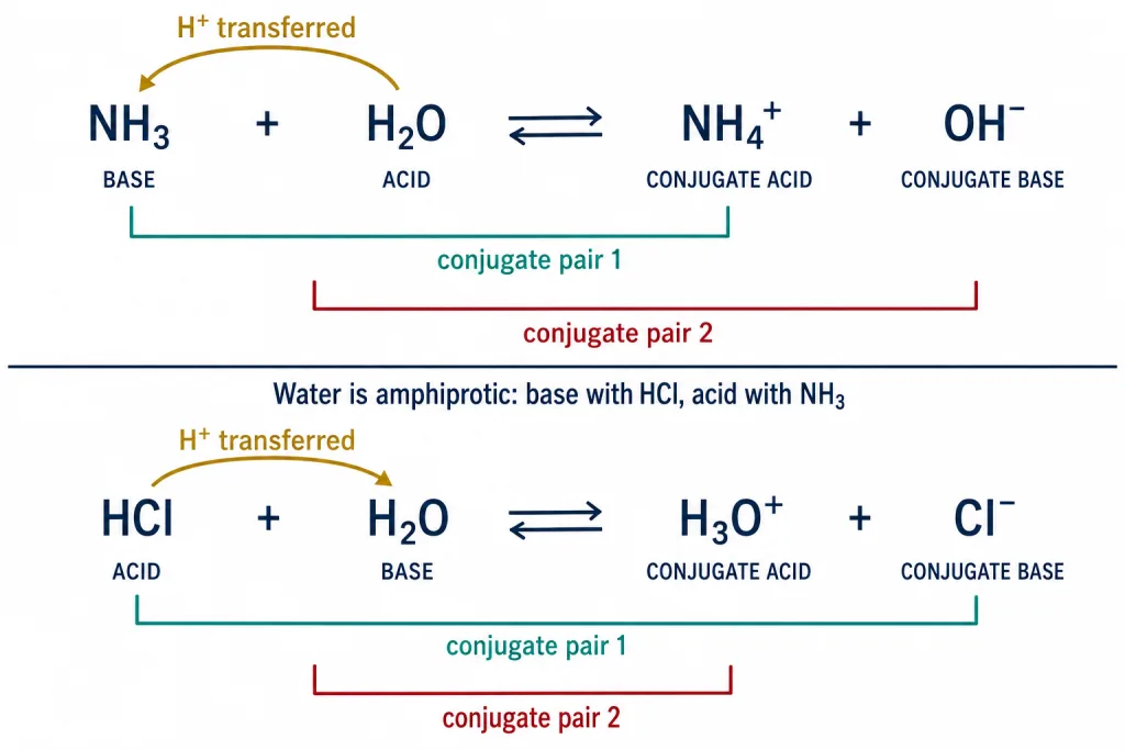 Proton transfer between ammonia and water showing two conjugate acid base pairs