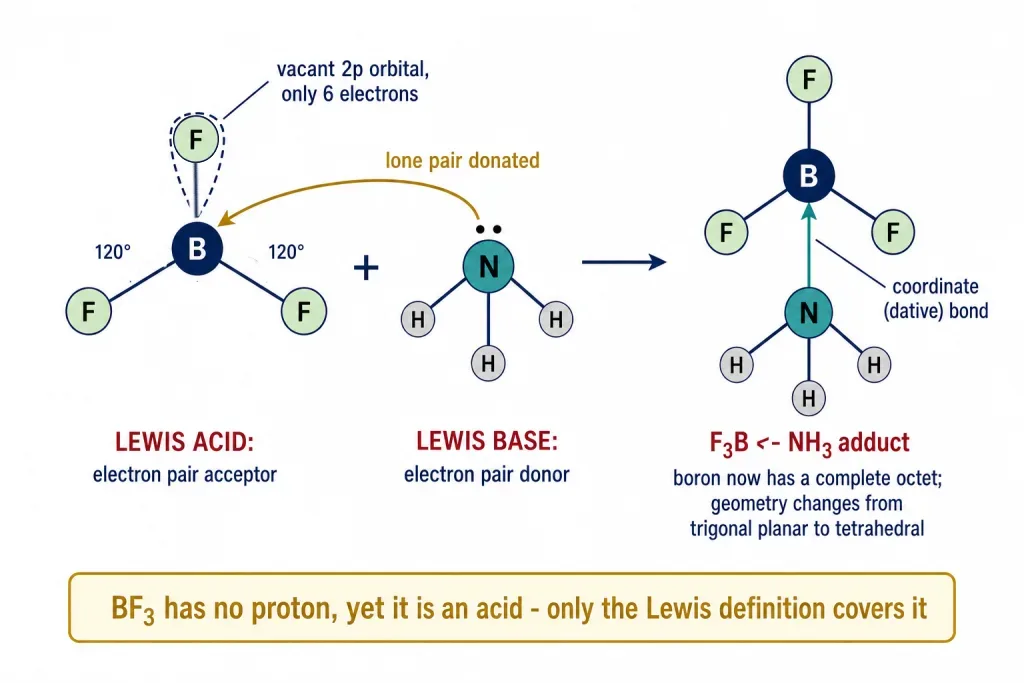 Boron trifluoride accepting a nitrogen lone pair from ammonia to form an adduct