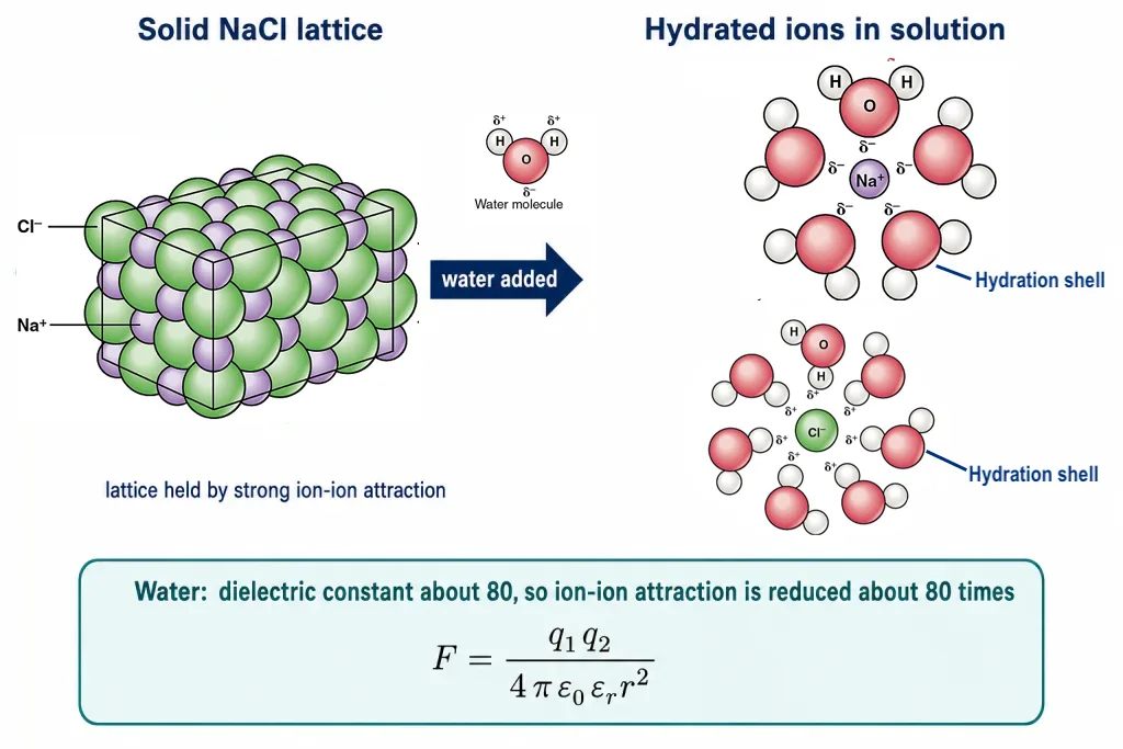 Sodium chloride lattice dissolving in water with hydrated sodium and chloride ions