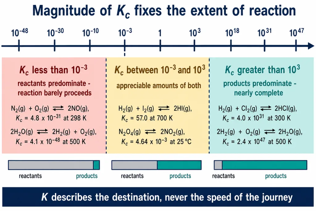 Logarithmic K scale with three bands: reactants predominate, both present, products predominate
