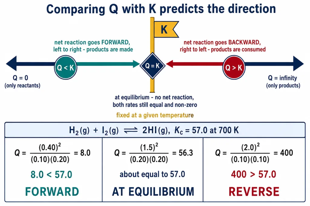 Number line comparing Q with K showing forward, equilibrium and reverse arrows