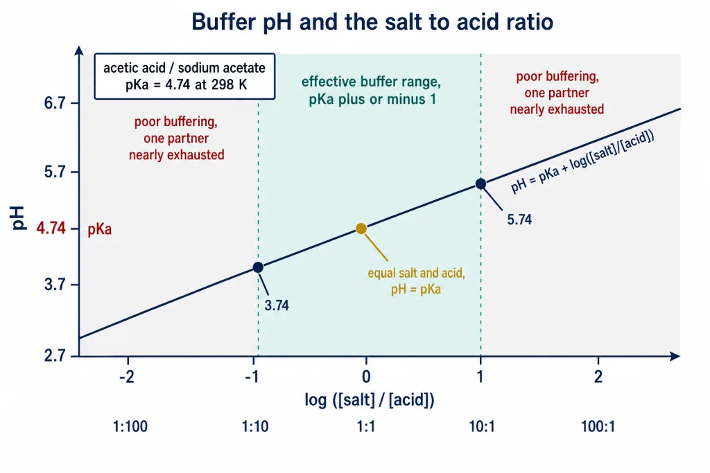 Buffer pH against salt to acid ratio with the useful range around pKa