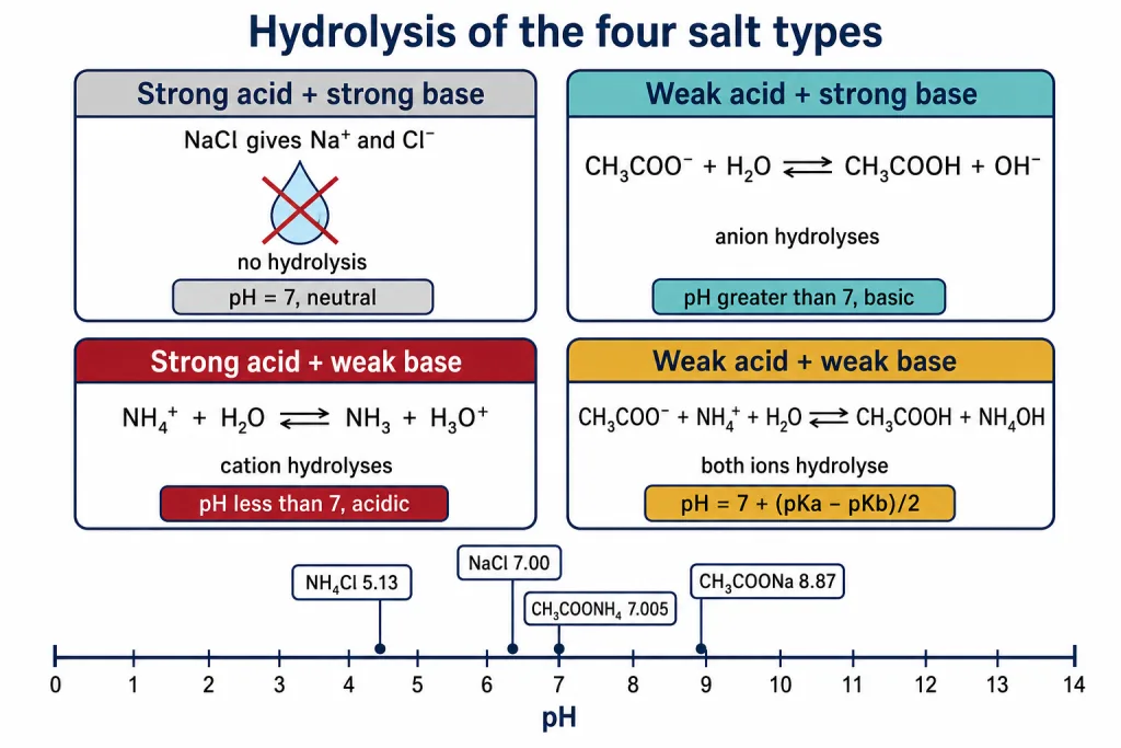 Four salt types with the hydrolysing ion and the resulting pH on a scale