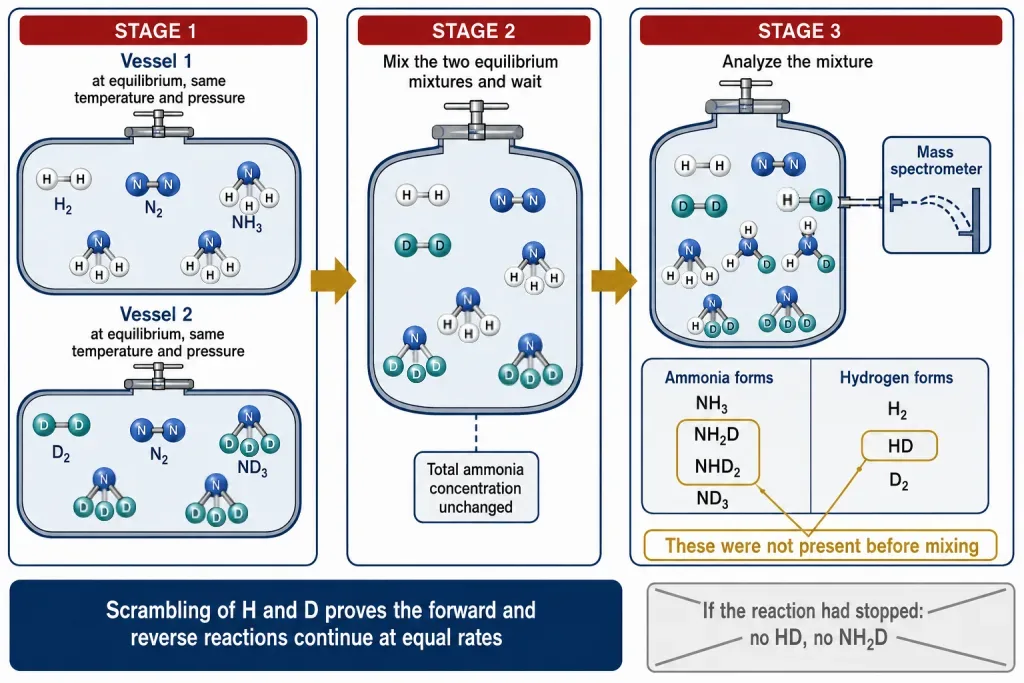 Deuterium scrambling experiment showing HD and mixed ammonia species after two equilibrium mixtures combine