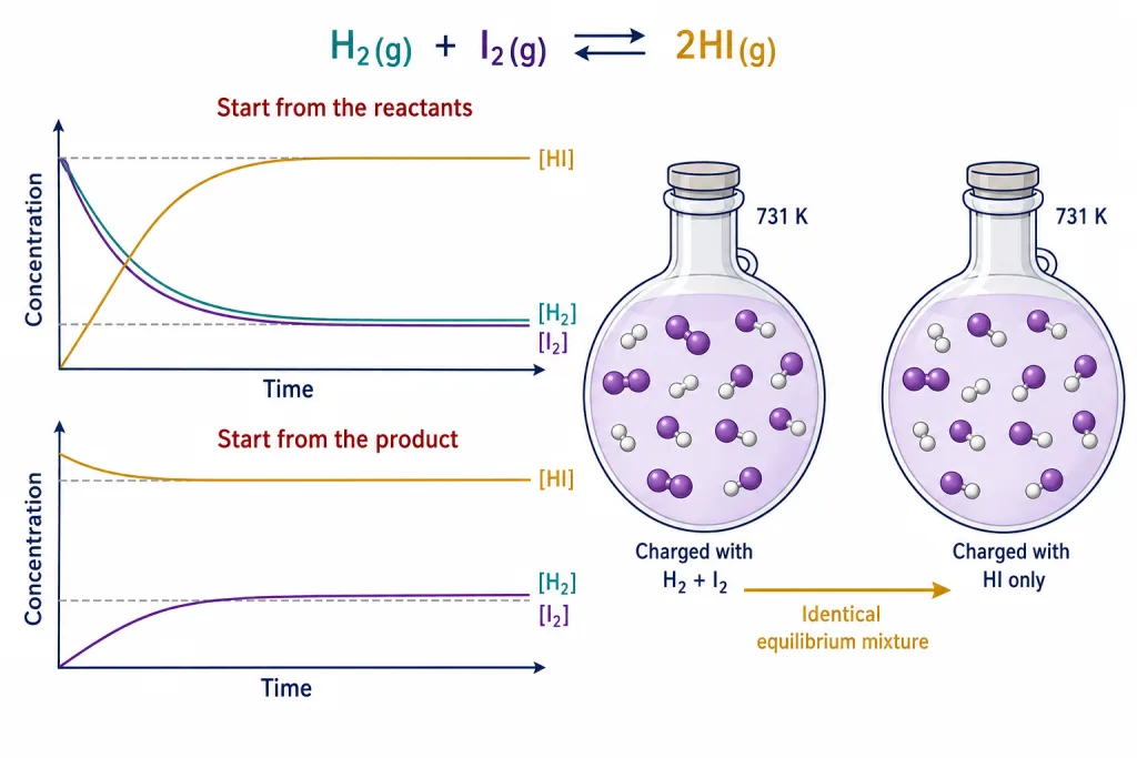 Same hydrogen iodide equilibrium mixture reached from pure reactants and from pure product