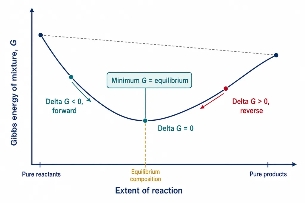 Gibbs energy of a reaction mixture passing through a minimum at the equilibrium composition