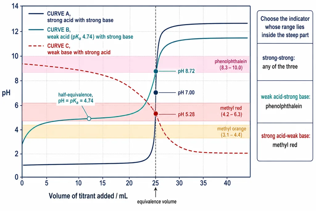 Three titration curves with equivalence points and indicator ranges marked alongside