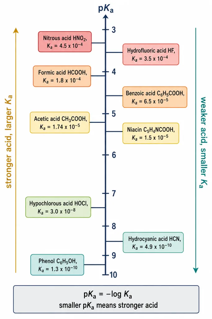 Vertical ladder of weak acids ordered by pKa with strongest at the top