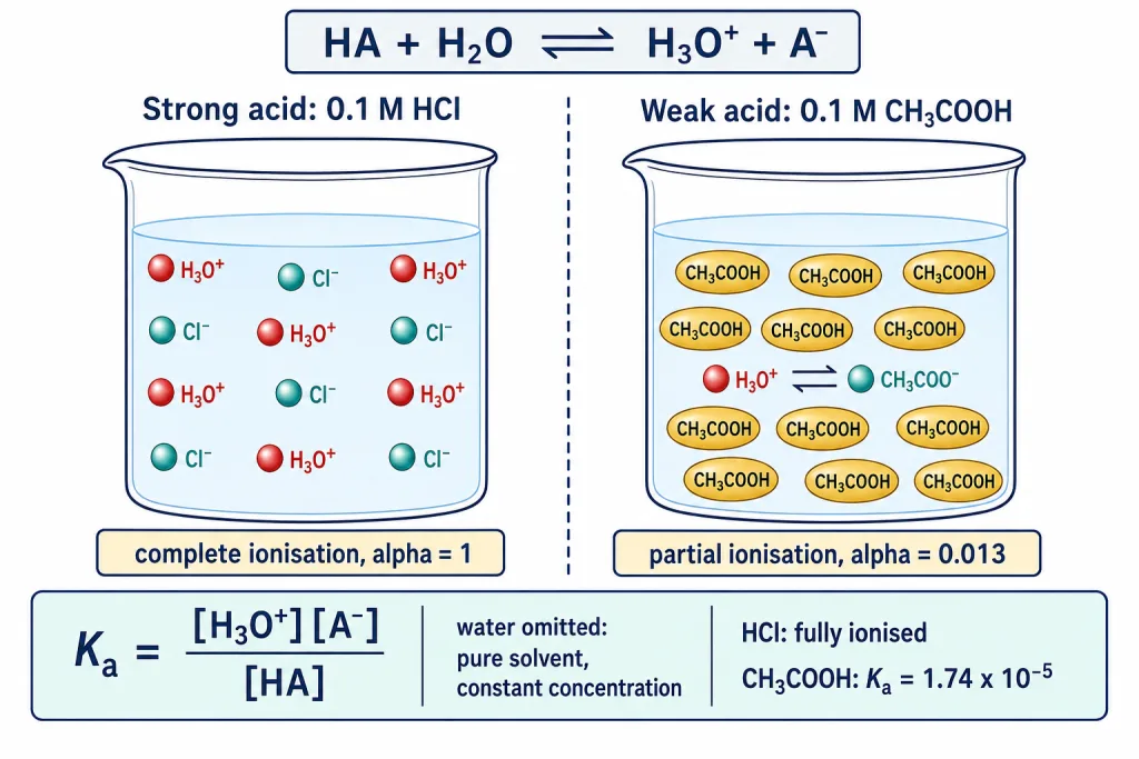 Strong acid fully ionised beside weak acid only partly ionised in two beakers