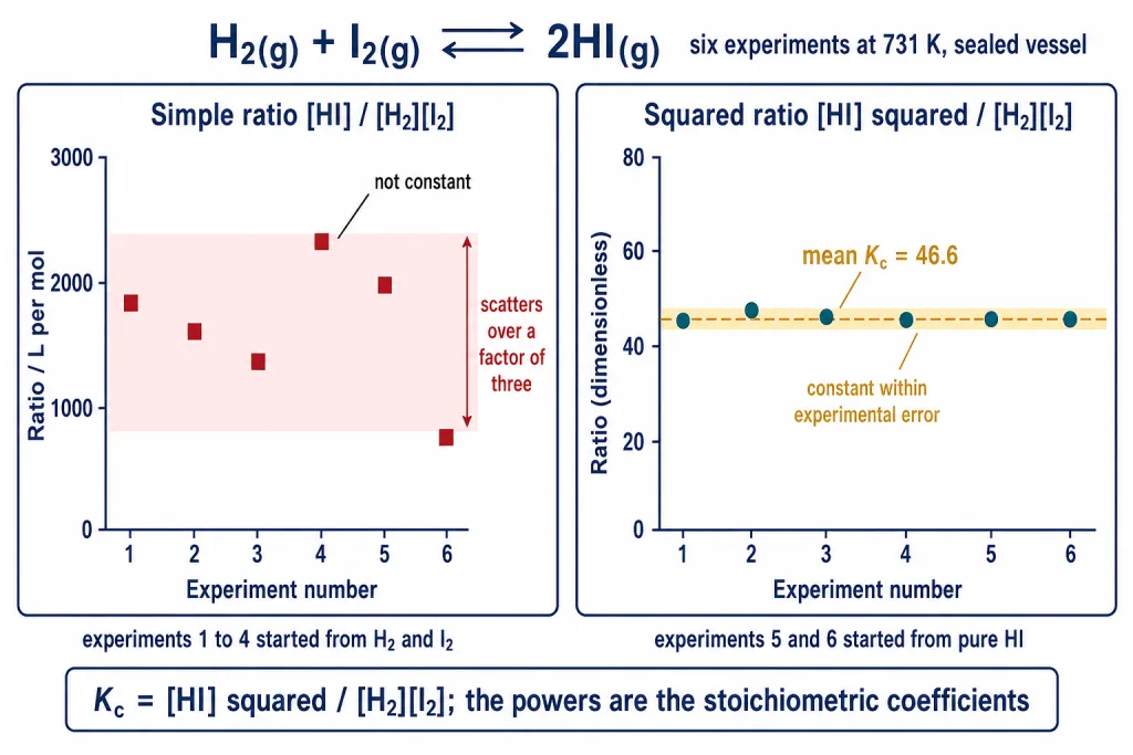 Six hydrogen iodide experiments giving scattered simple ratios but one constant squared ratio