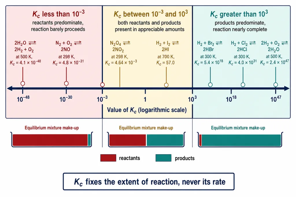 Logarithmic scale of K showing reactant favoured, mixed and product favoured bands
