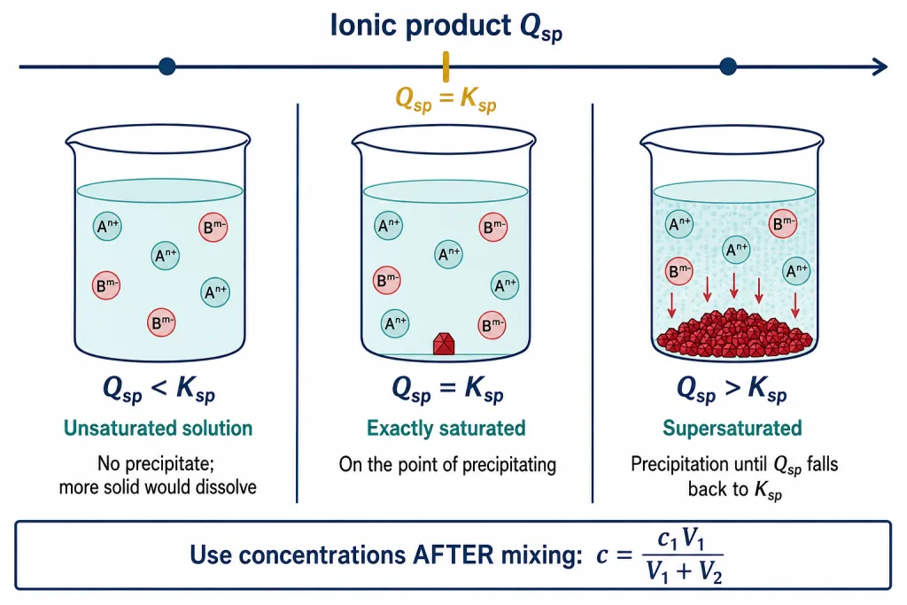 Scale comparing ionic product with solubility product for unsaturated, saturated and precipitating solutions