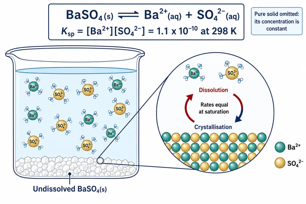 Undissolved salt crystal in saturated solution with equal dissolution and crystallisation rates
