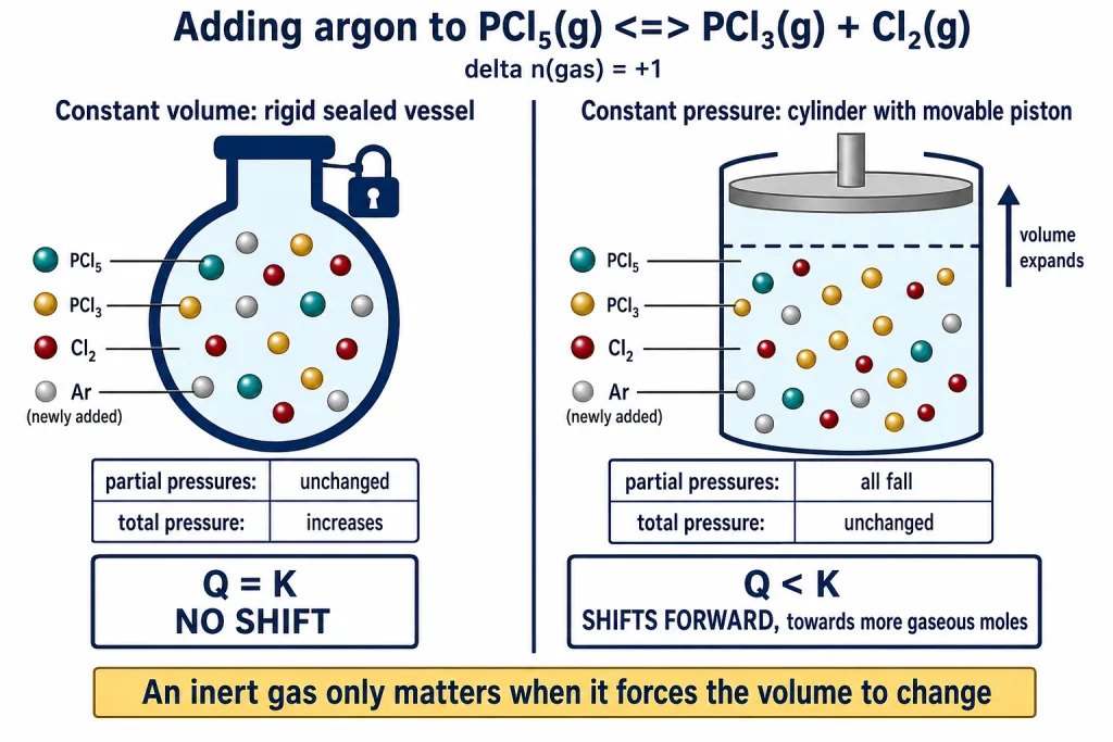 Adding argon at constant volume causes no shift while constant pressure dilutes the mixture