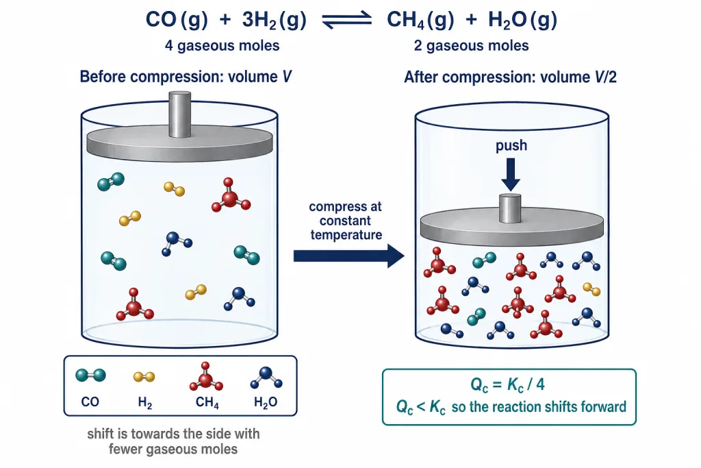 Piston compressing a gas equilibrium shifting towards the side with fewer gaseous moles