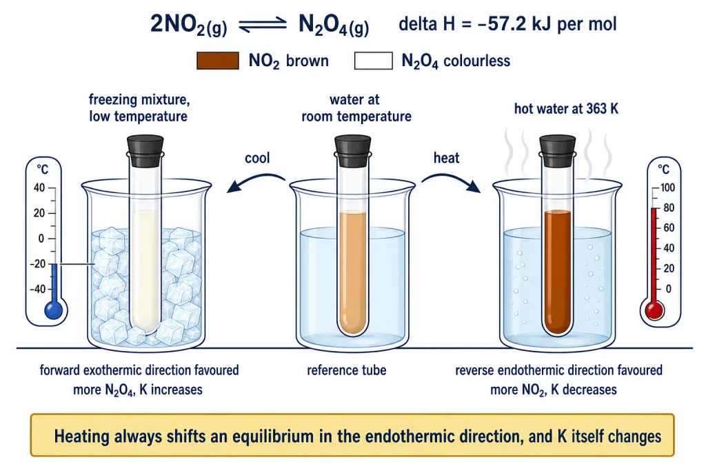 Two sealed tubes of nitrogen dioxide in cold and hot water showing colour change