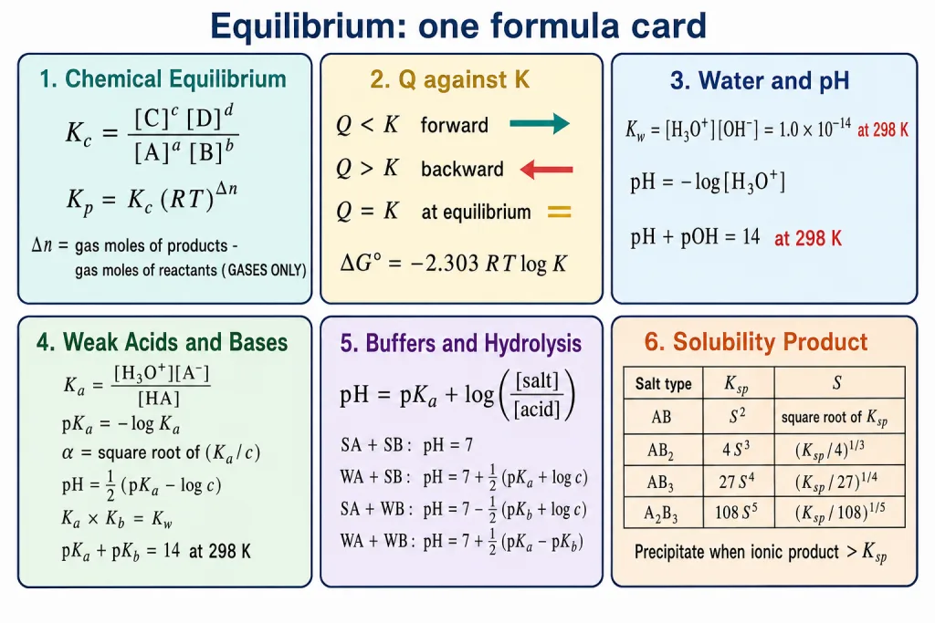 One page formula card for equilibrium showing Kc Kp pH Ka buffer and Ksp