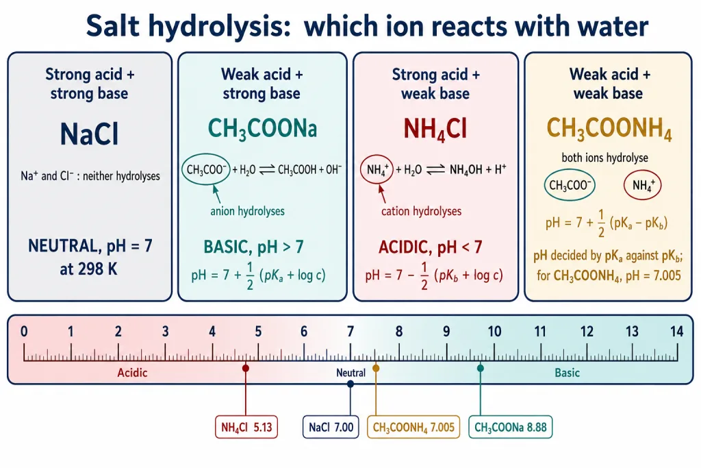 Four salt types with the ion that hydrolyses and the resulting pH