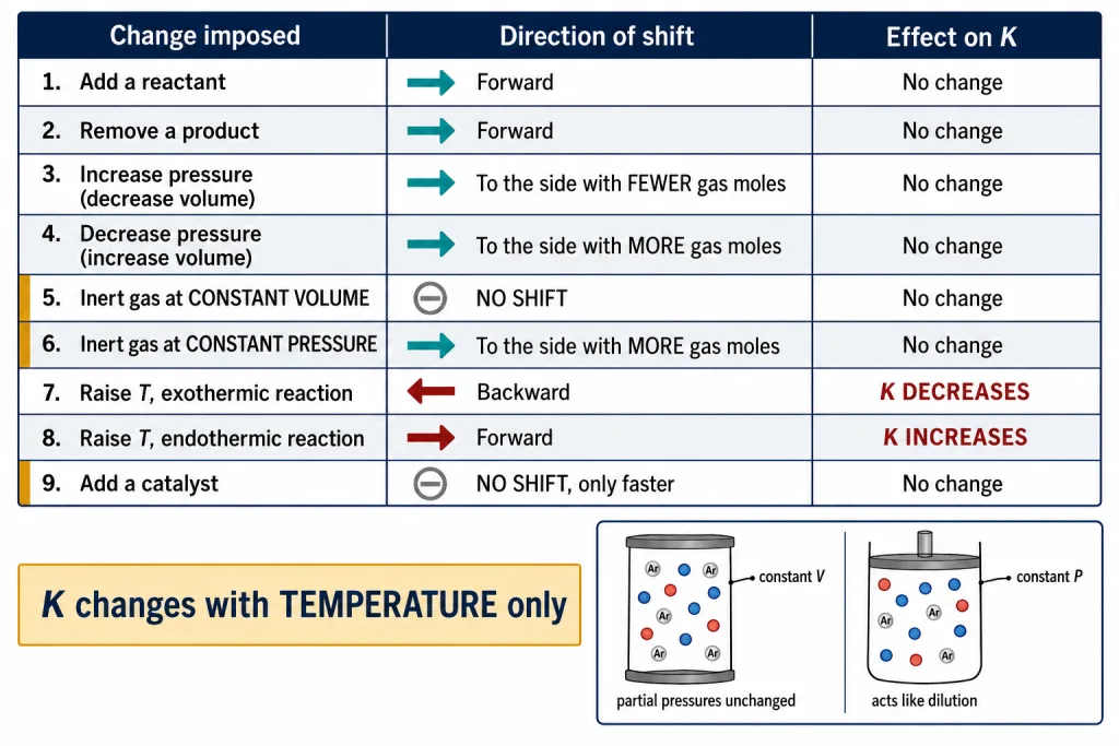 Recall grid of Le Chatelier changes with shift direction and effect on K