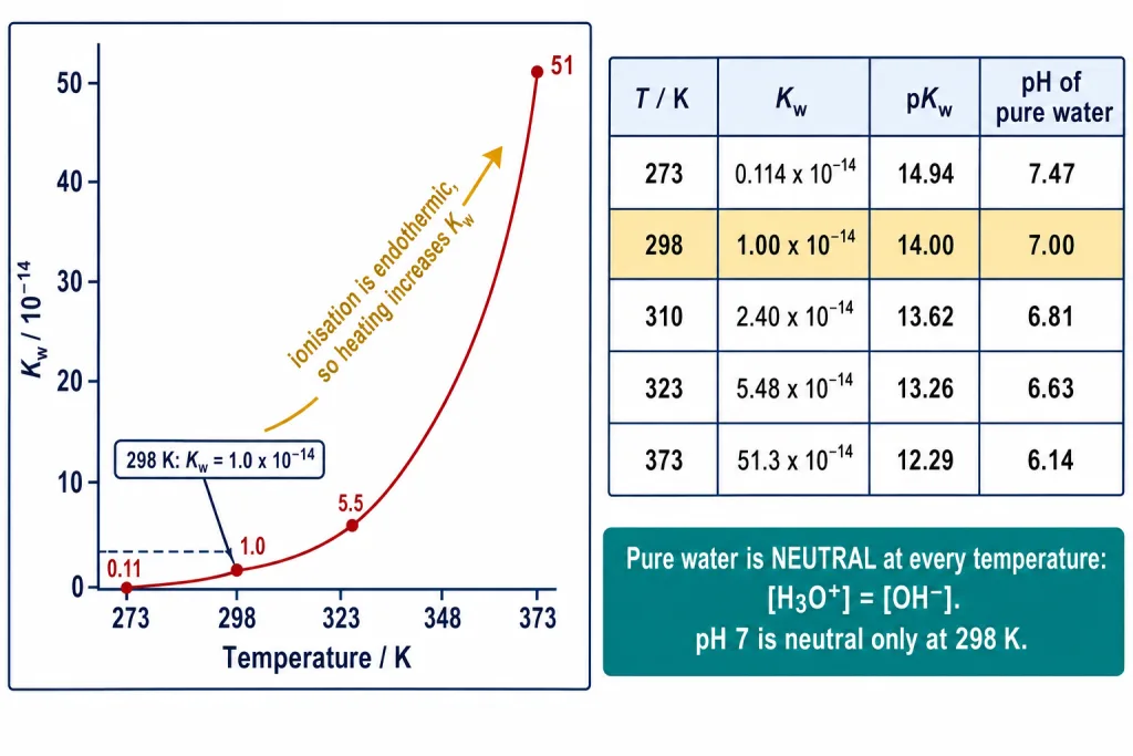 Graph and table showing ionic product of water rising with temperature