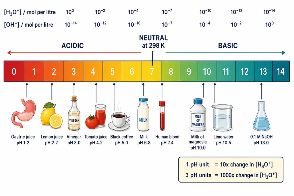 Logarithmic pH scale strip from zero to fourteen with everyday liquids marked