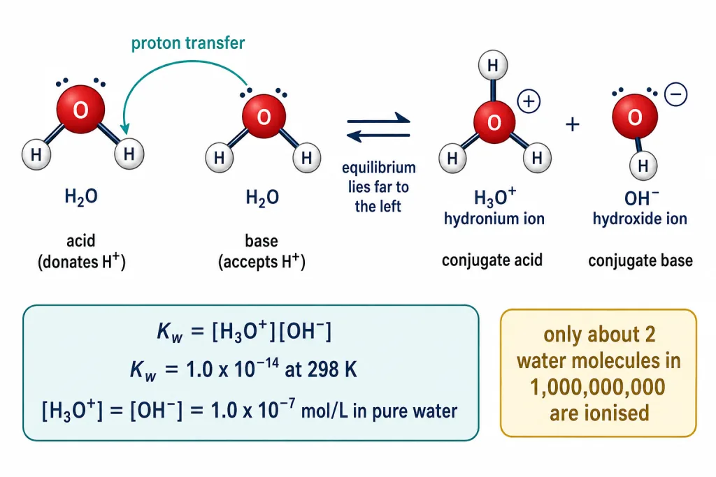 Two water molecules transfer a proton forming hydronium and hydroxide ions