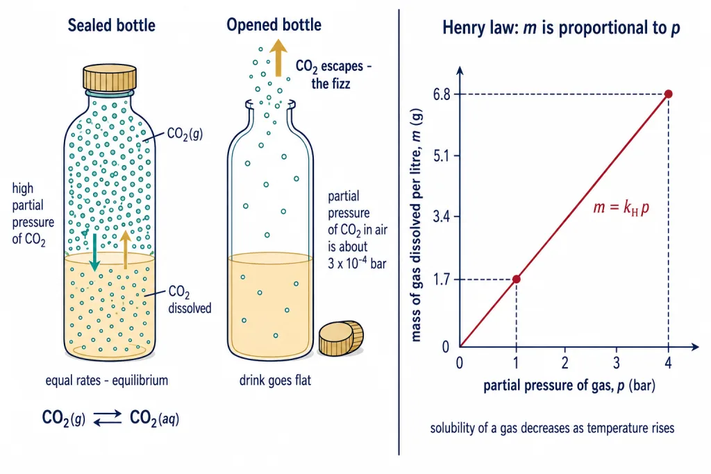 Sealed and opened soda bottle with graph of dissolved carbon dioxide against pressure