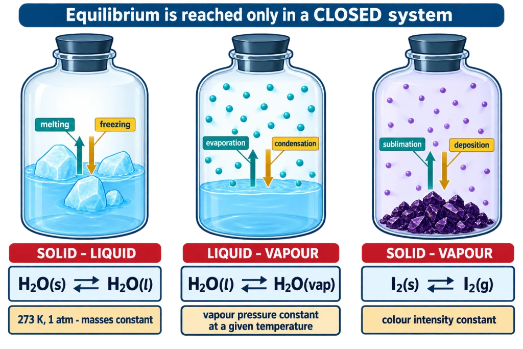 Three sealed vessels showing solid liquid, liquid vapour and solid vapour equilibria