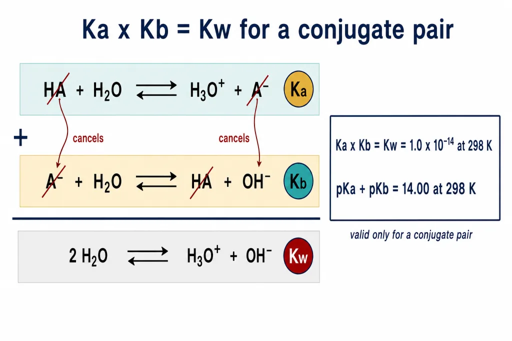 Two conjugate equilibria adding to the water equilibrium giving Ka times Kb equals Kw