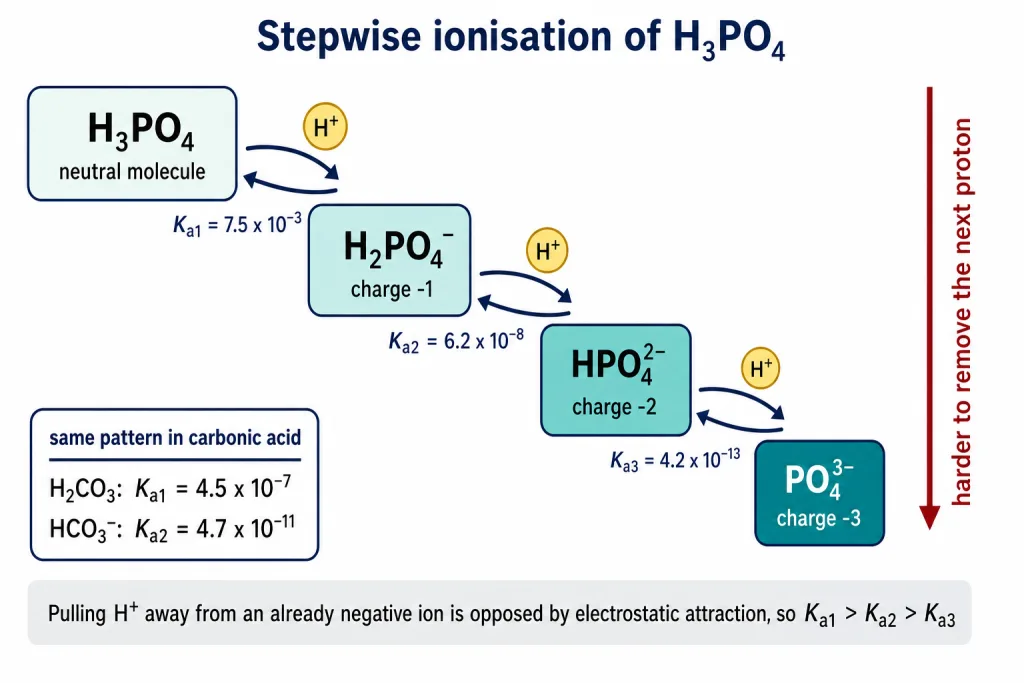 Stepwise ionisation ladder of phosphoric acid showing three constants falling in magnitude