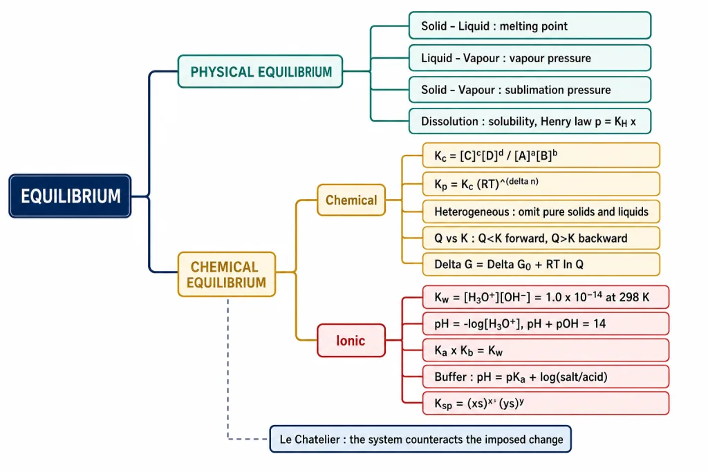 Branching map of chemical and ionic equilibrium topics with the key constant of each