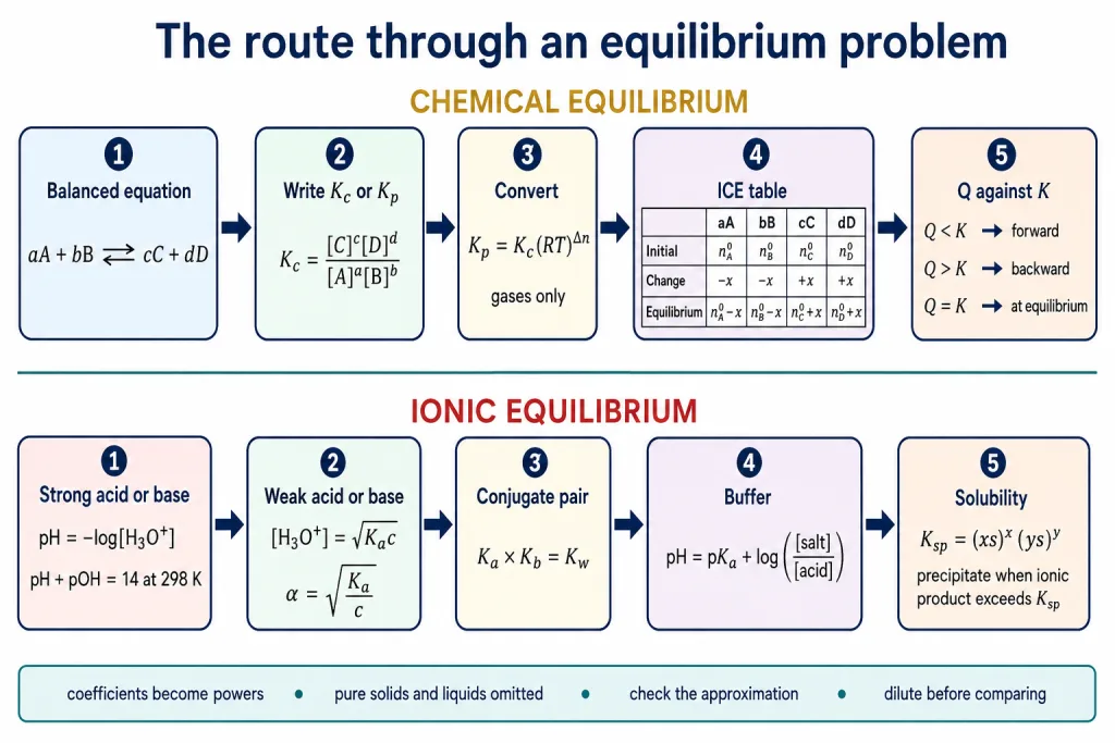 Roadmap card showing the route through equilibrium problems from K expressions to solubility product