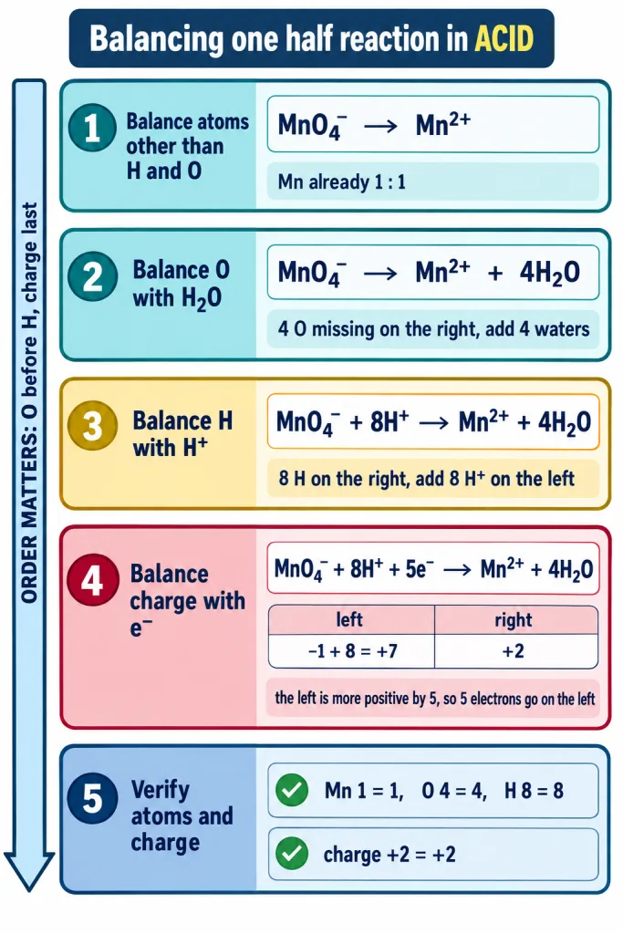 Five step ladder for balancing one half reaction in acidic medium