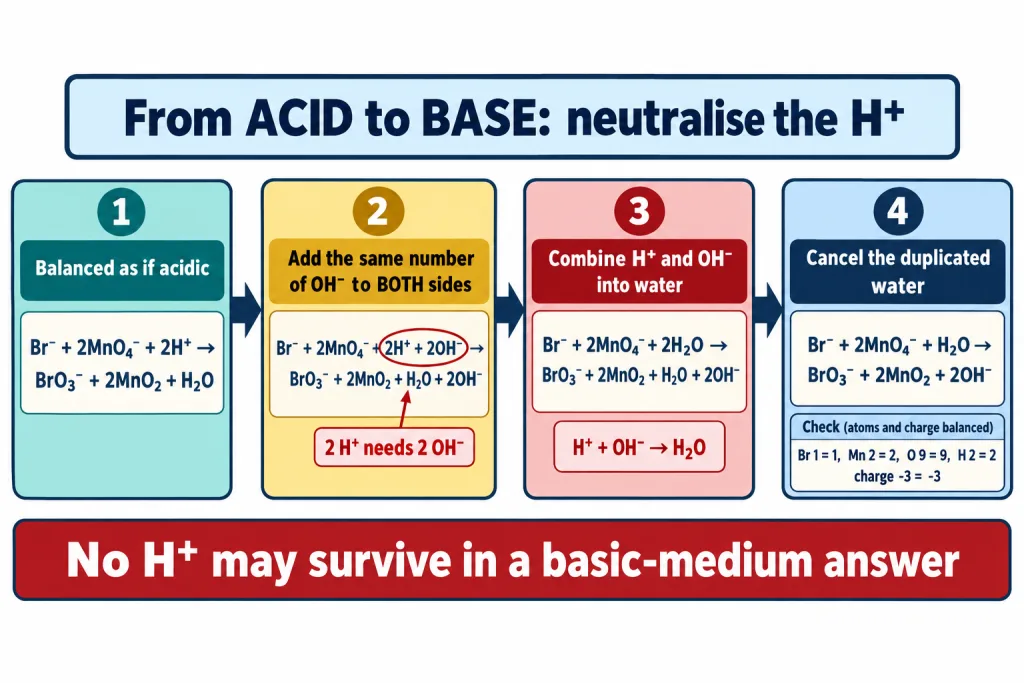 Converting an acidic balanced equation to basic medium using hydroxide ions